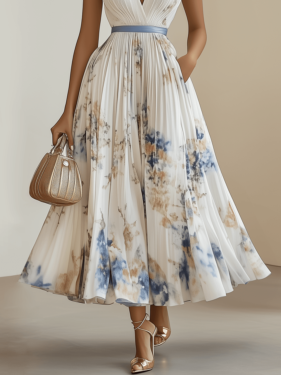 Bilionera White Floral Midi Dress - V-Neck Pleated Chiffon Fit