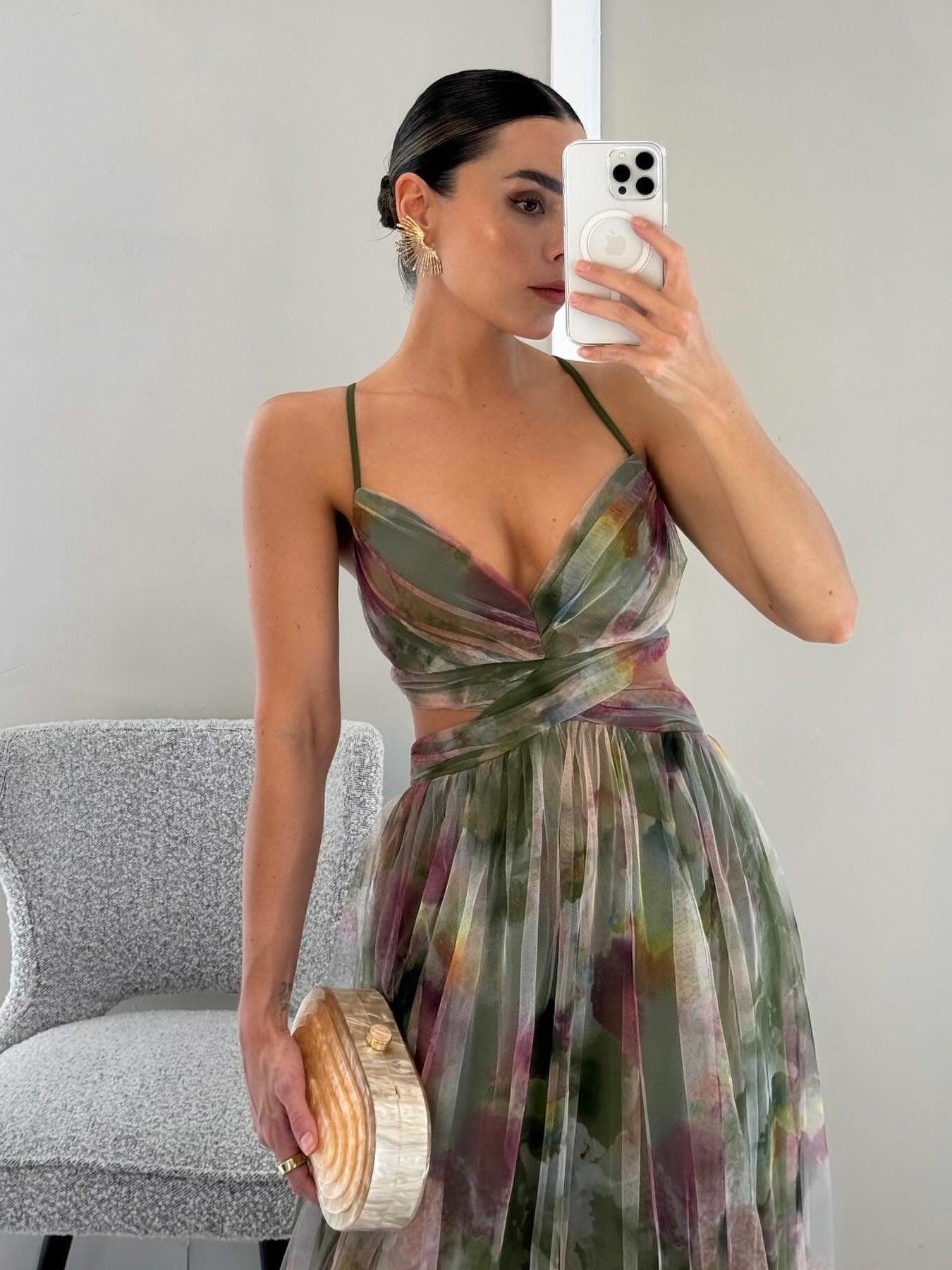Bilionera Painted Floral Maxi Dress - Elegant V-Neck