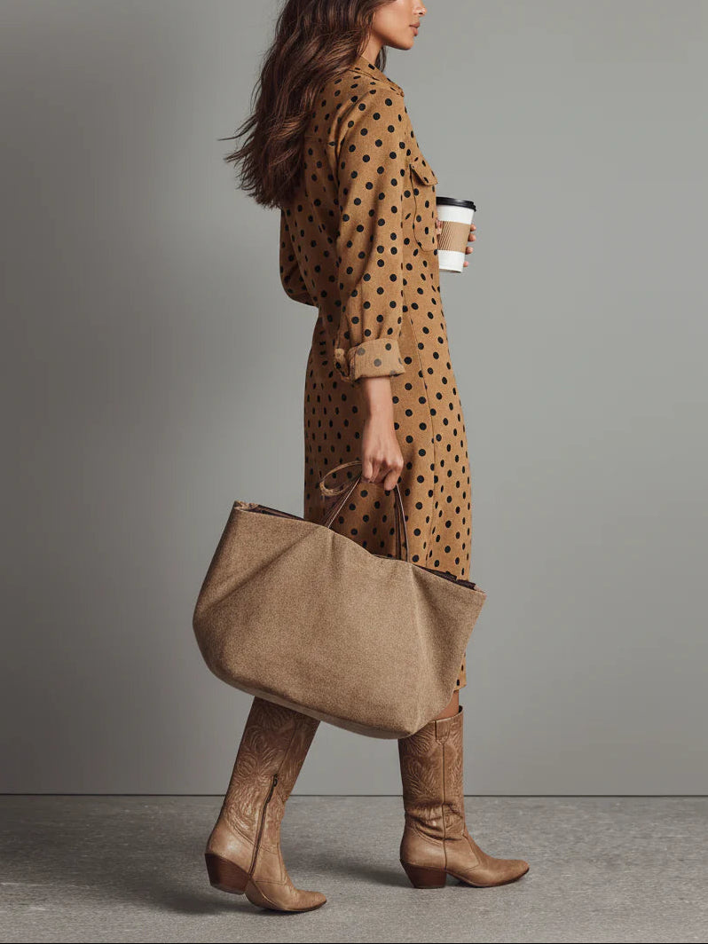Bilionera Polka Dot Faux Suede Shirt Midi Dress - Elegant Brown