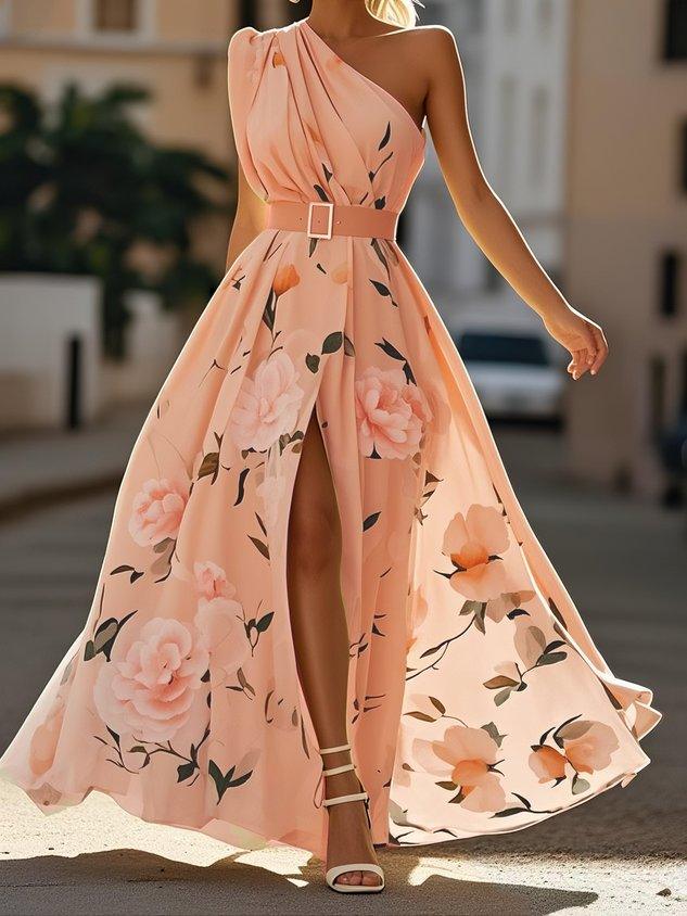 Bilionera Light Green Maxi Dress - One-Shoulder Floral Print