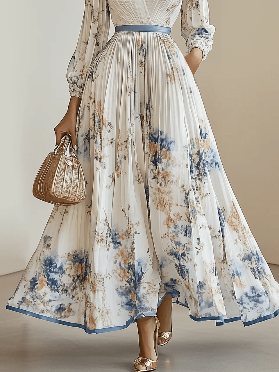 Bilionera White Floral Maxi Dress - V-Neck & Balloon Sleeve Fit