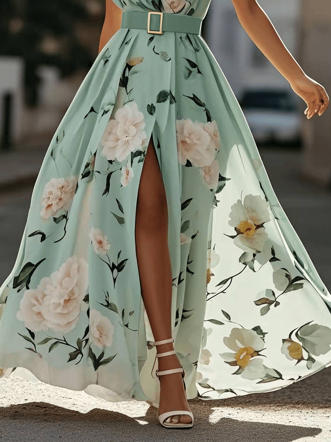 Bilionera Light Green Maxi Dress - One-Shoulder Floral Print