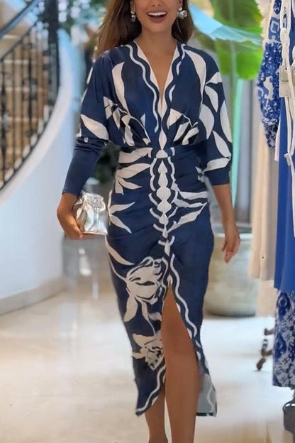 Bilionera Elegant Print Dolman Sleeve Midi Dress