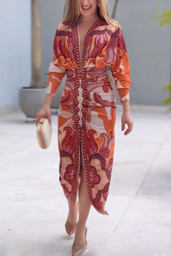 Bilionera Elegant Print Dolman Sleeve Midi Dress