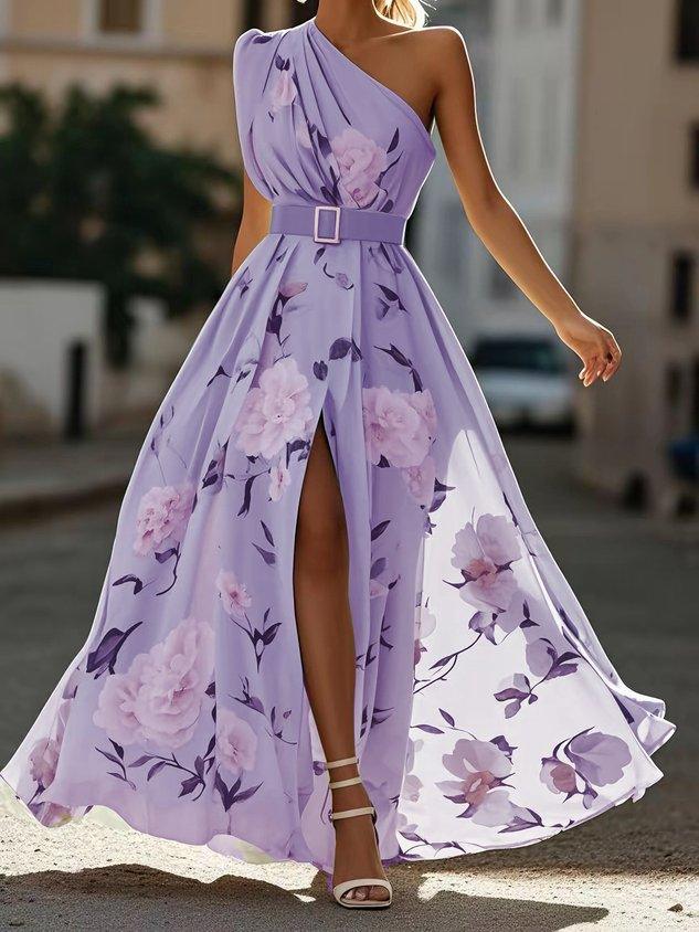 Bilionera Light Green Maxi Dress - One-Shoulder Floral Print