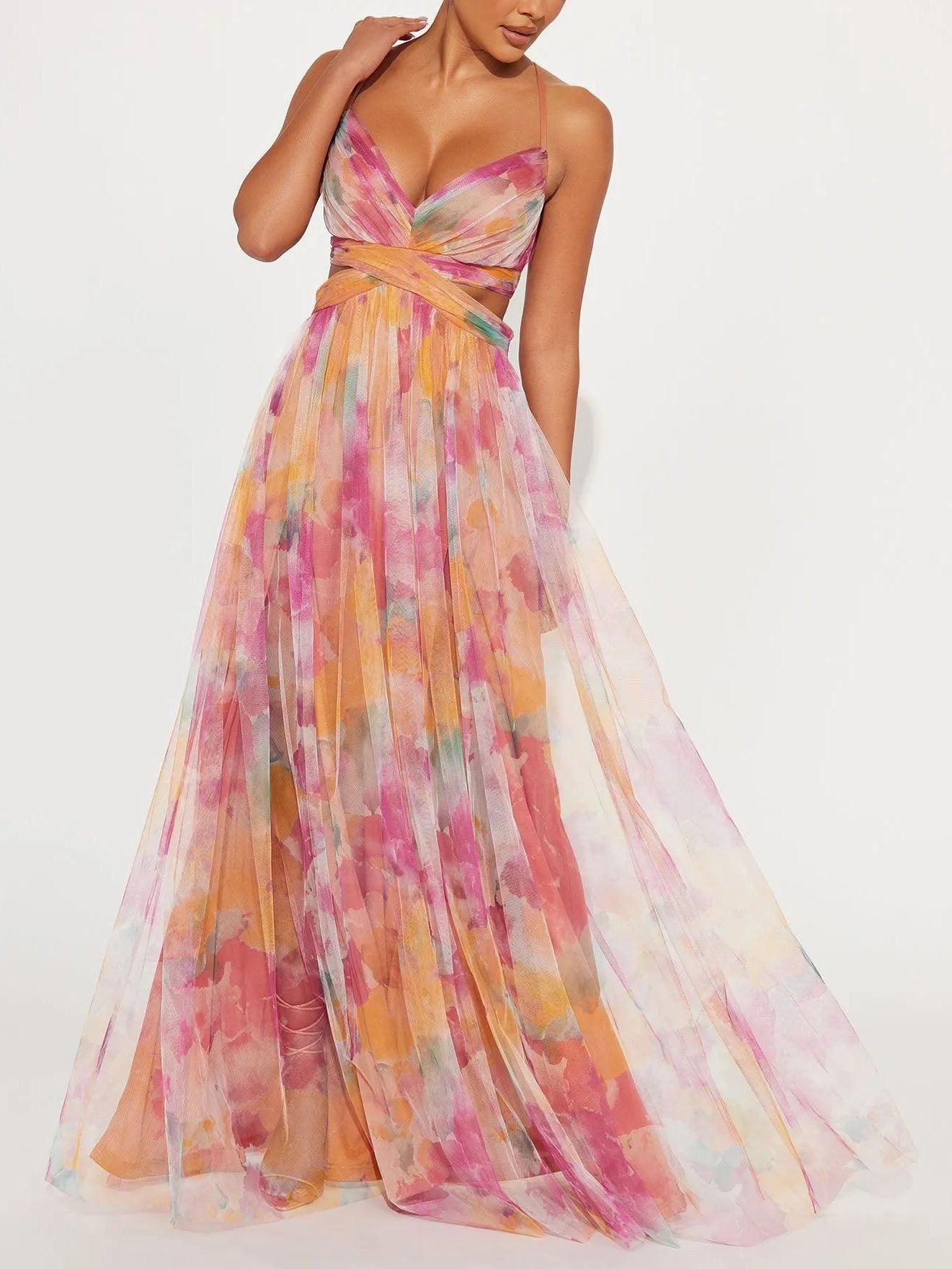Bilionera Painted Floral Maxi Dress - Elegant V-Neck