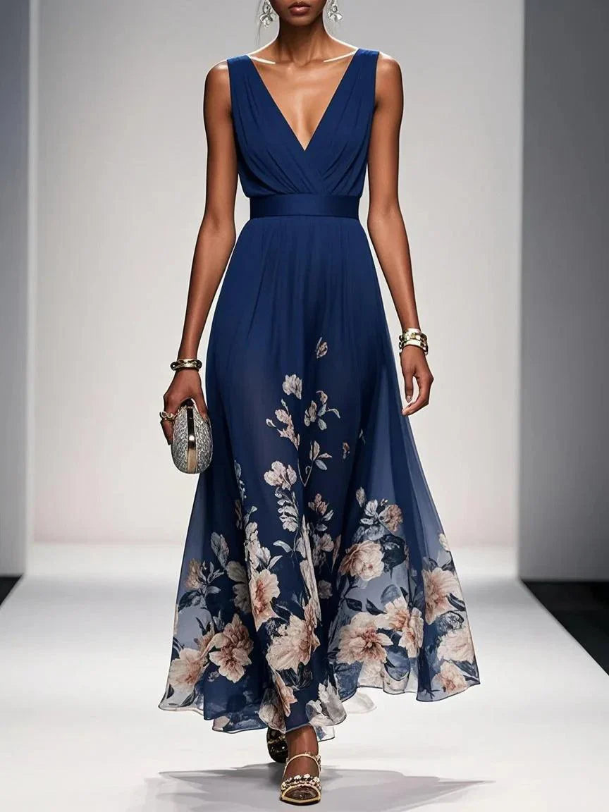 Bilionera Light Blue Maxi Dress - V-Neck & Floral Chiffon Fit