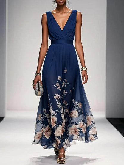 Bilionera Light Blue Maxi Dress - V-Neck & Floral Chiffon Fit