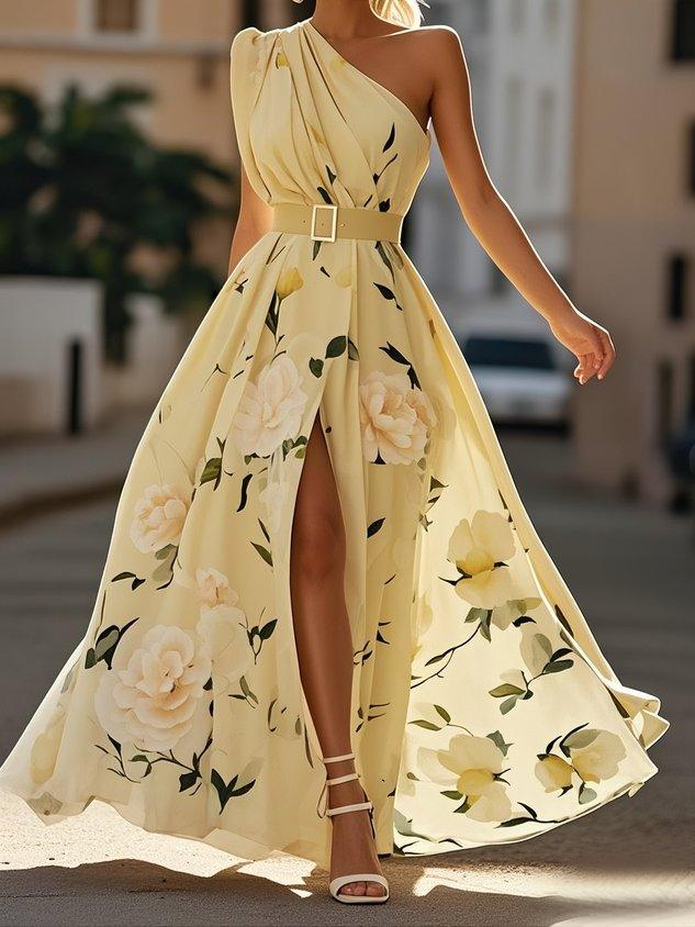 Bilionera Light Green Maxi Dress - One-Shoulder Floral Print