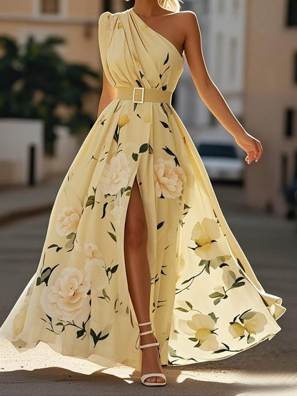 Bilionera Light Green Maxi Dress - One-Shoulder Floral Print