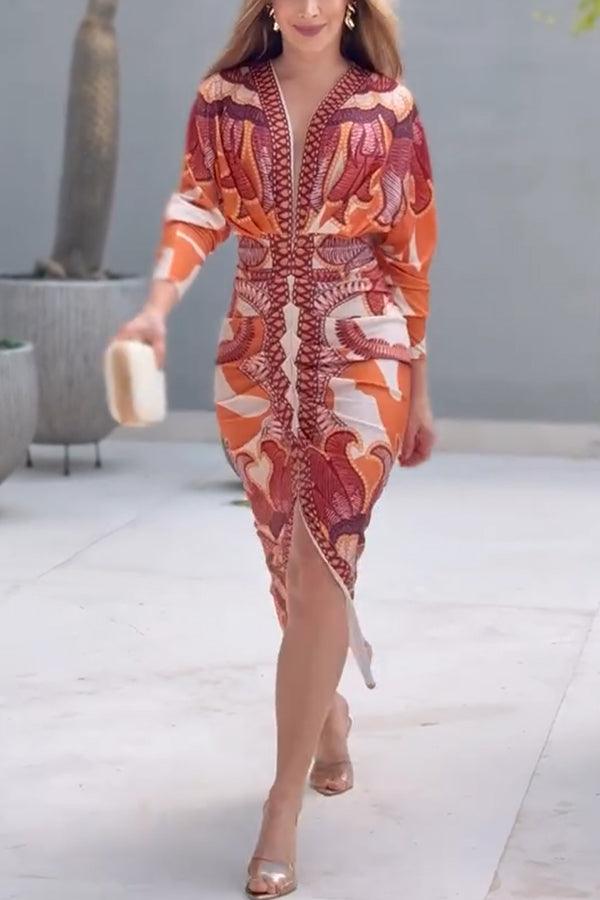 Bilionera Elegant Print Dolman Sleeve Midi Dress