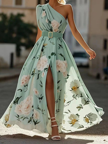 Bilionera Light Green Maxi Dress - One-Shoulder Floral Print