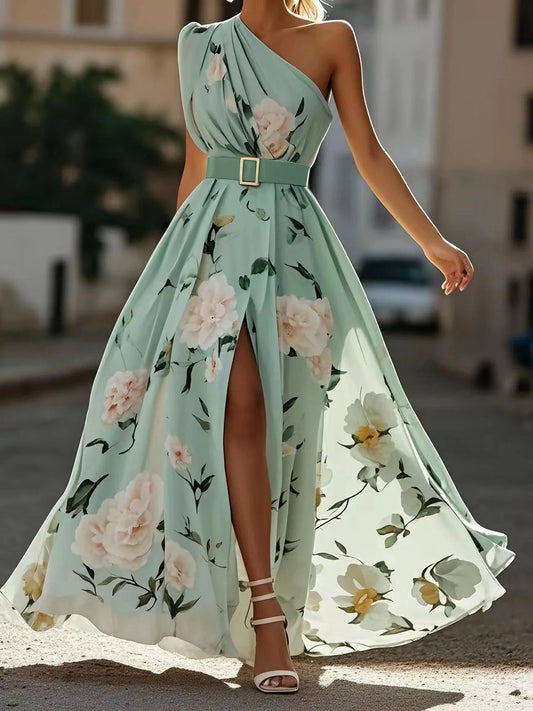 Chicyis Light Green Maxi Dress - One-Shoulder & Floral Print Fit