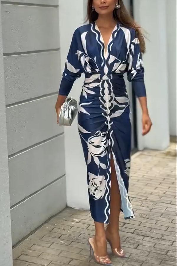 Bilionera Elegant Print Dolman Sleeve Midi Dress