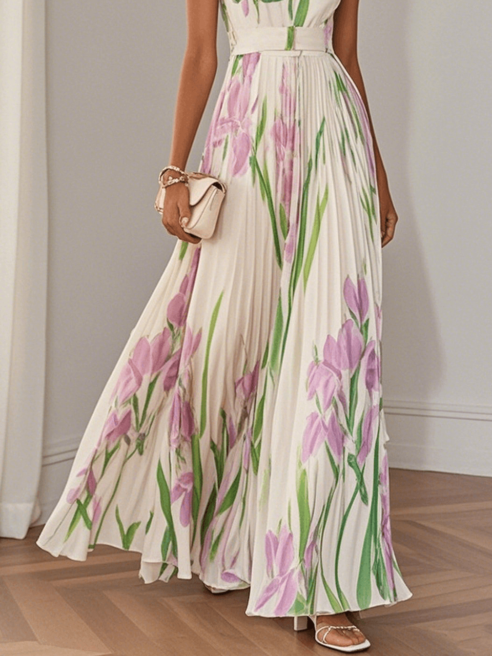 Bilionera Floral Chiffon Maxi Dress - Square Neck & Pleated Fit