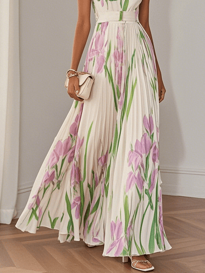 Bilionera Floral Chiffon Maxi Dress - Square Neck & Pleated Fit