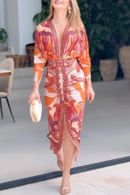 Bilionera Elegant Print Dolman Sleeve Midi Dress