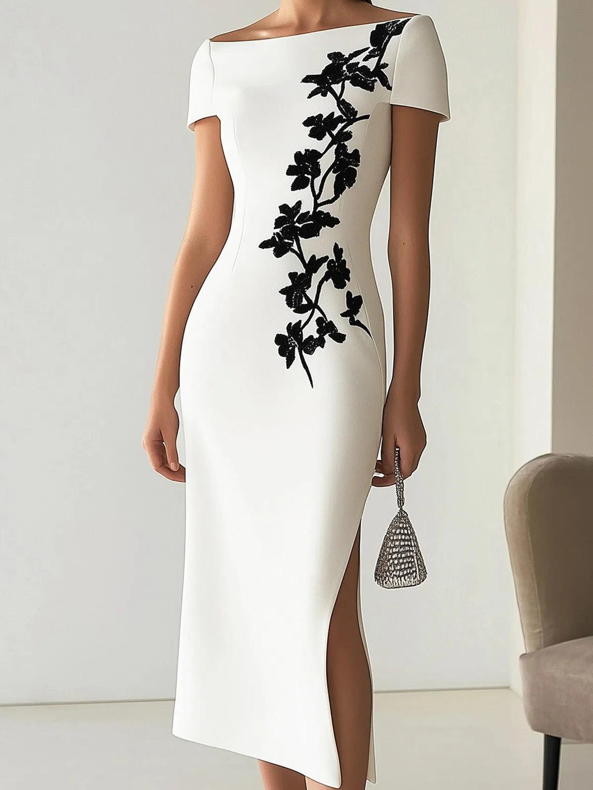 Bilionera Elegant Boat Neck Midi Dress - Black Floral Embroidery