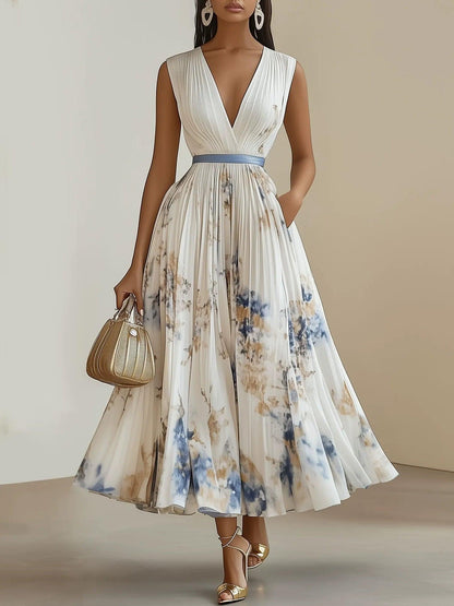 Bilionera White Floral Midi Dress - V-Neck Pleated Chiffon Fit