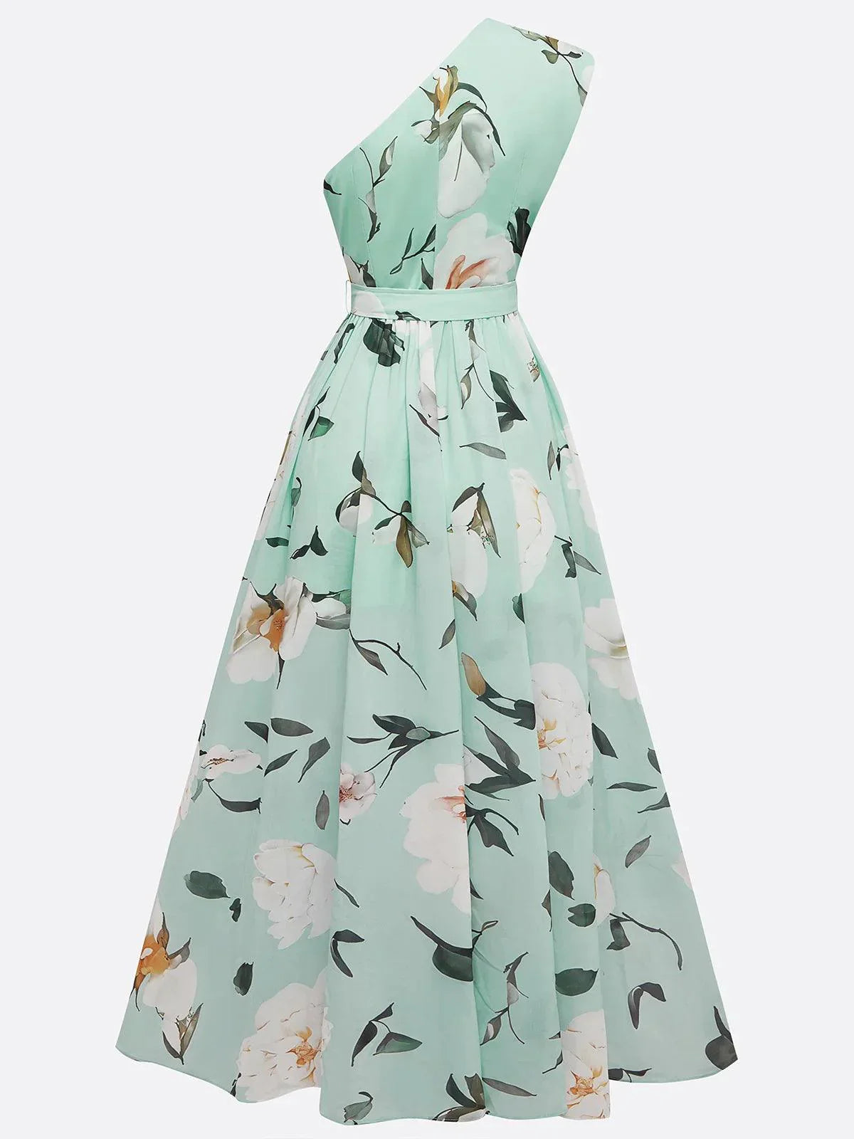 Bilionera Light Green Maxi Dress - One-Shoulder Floral Print