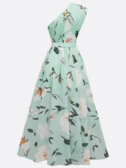 Bilionera Light Green Maxi Dress - One-Shoulder Floral Print
