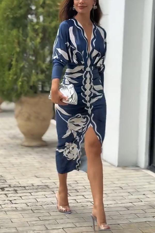 Bilionera Elegant Print Dolman Sleeve Midi Dress