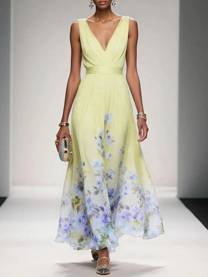Bilionera Light Blue Maxi Dress - V-Neck & Floral Chiffon Fit