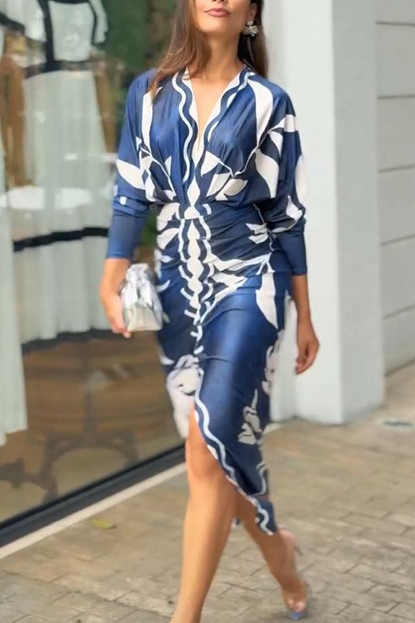 Bilionera Elegant Print Dolman Sleeve Midi Dress