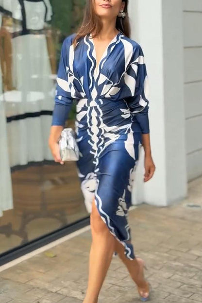 Bilionera Elegant Print Dolman Sleeve Midi Dress