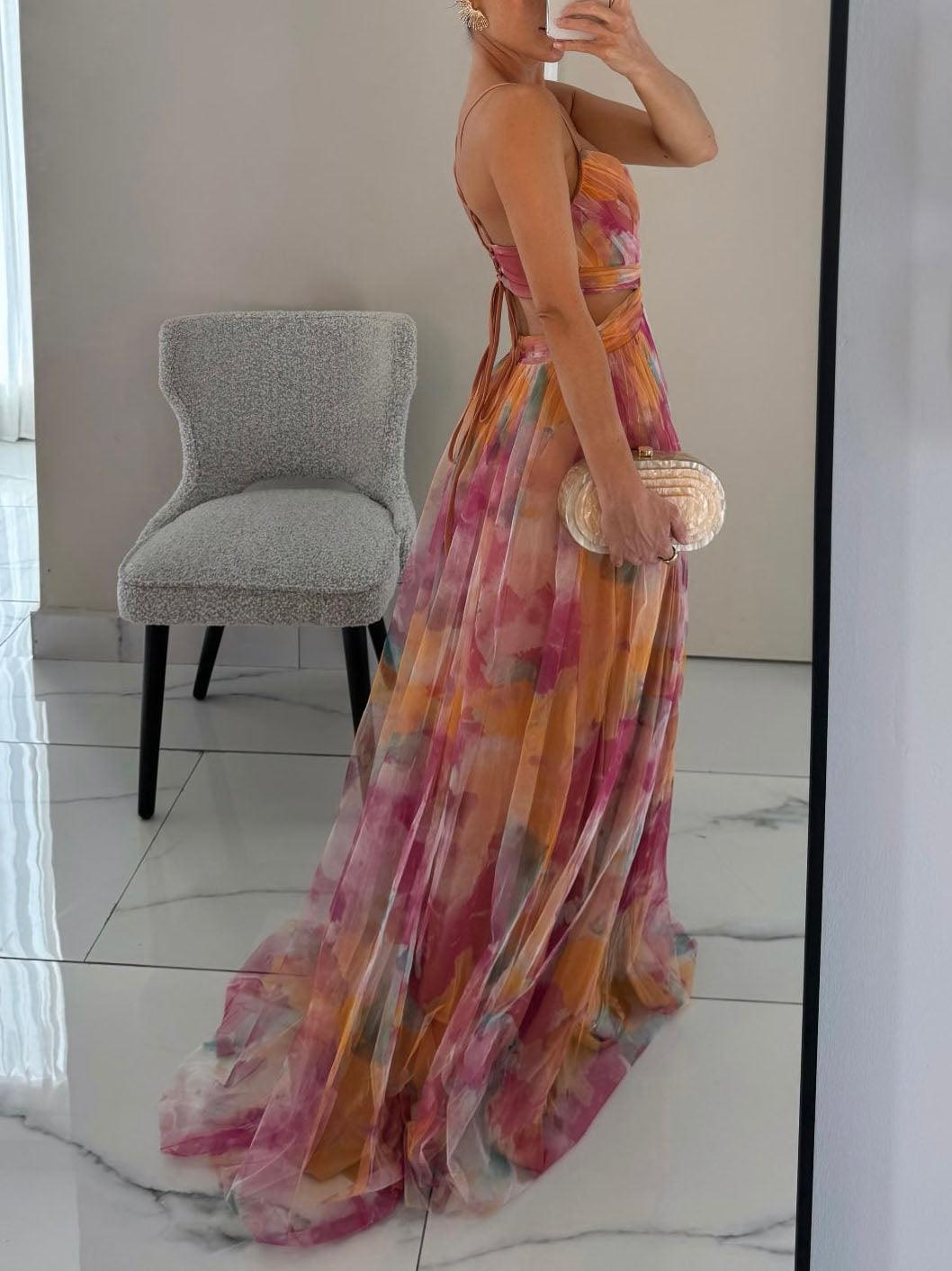 Bilionera Painted Floral Maxi Dress - Elegant V-Neck