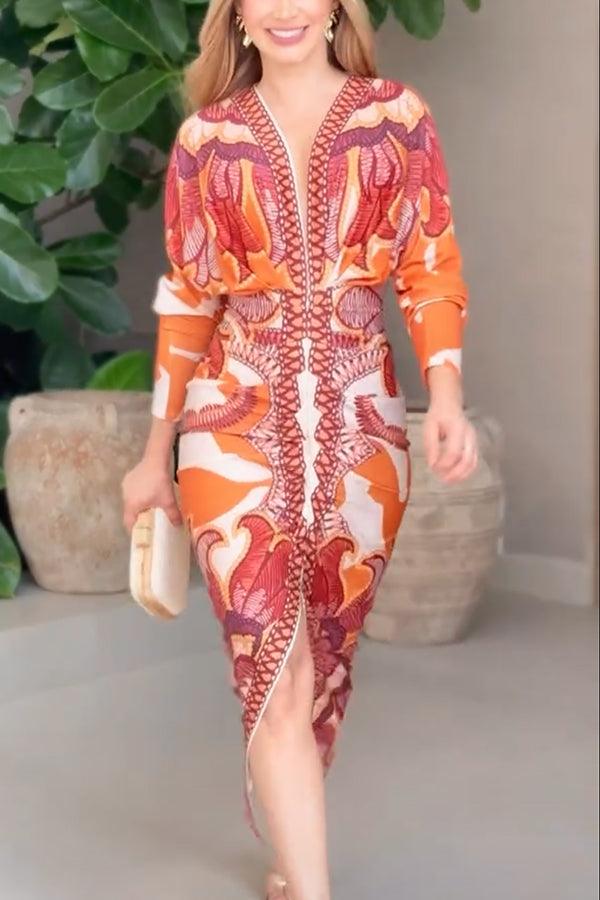 Bilionera Elegant Print Dolman Sleeve Midi Dress