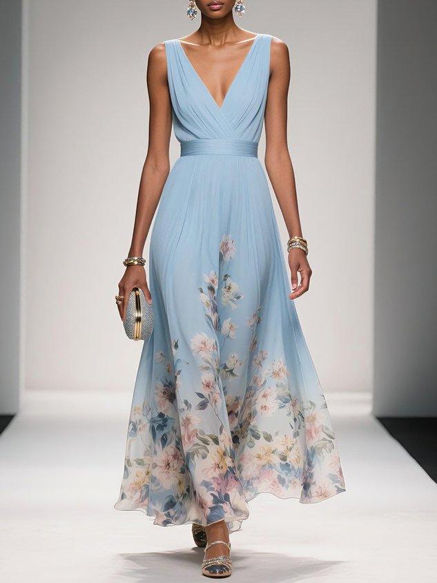 Bilionera Light Blue Maxi Dress - V-Neck & Floral Chiffon Fit
