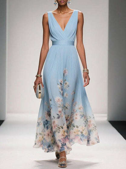 Bilionera Light Blue Maxi Dress - V-Neck & Floral Chiffon Fit