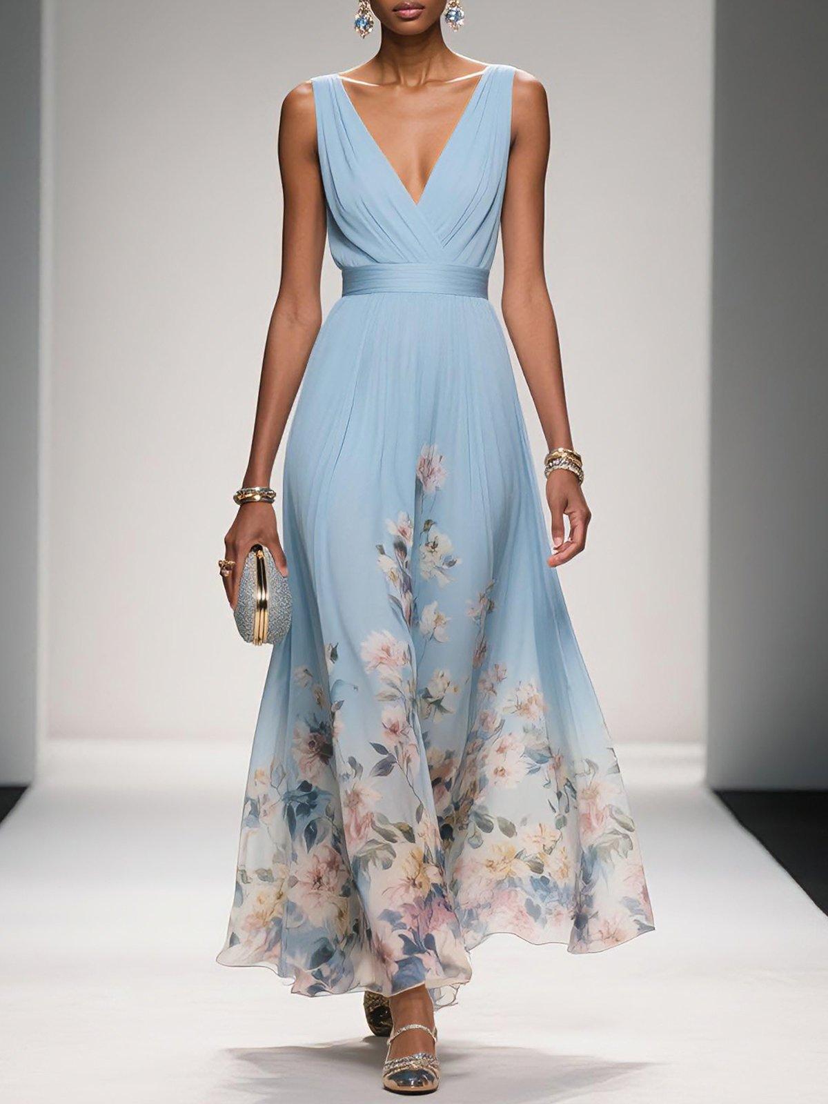 Bilionera Light Blue Maxi Dress - V-Neck & Floral Chiffon Fit
