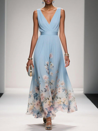 Bilionera Light Blue Maxi Dress - V-Neck & Floral Chiffon Fit