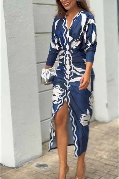 Bilionera Elegant Print Dolman Sleeve Midi Dress