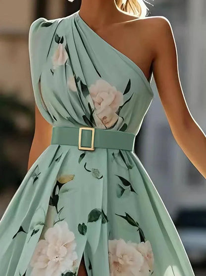Bilionera Light Green Maxi Dress - One-Shoulder Floral Print