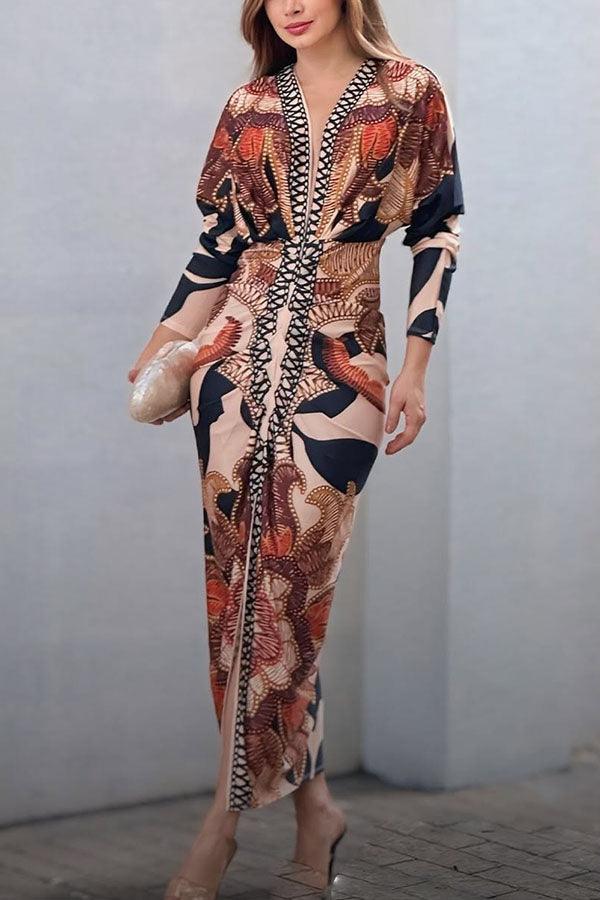 Bilionera Elegant Print Dolman Sleeve Midi Dress