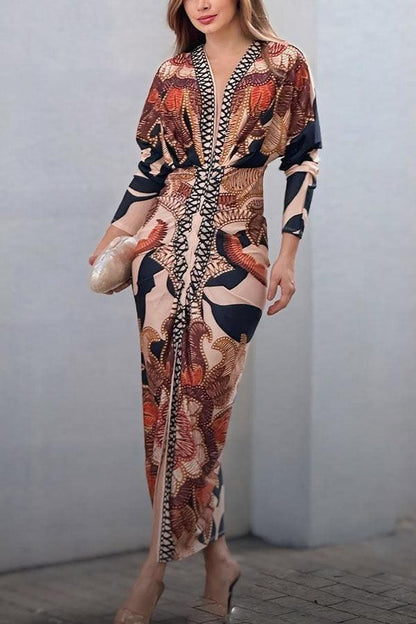 Bilionera Elegant Print Dolman Sleeve Midi Dress