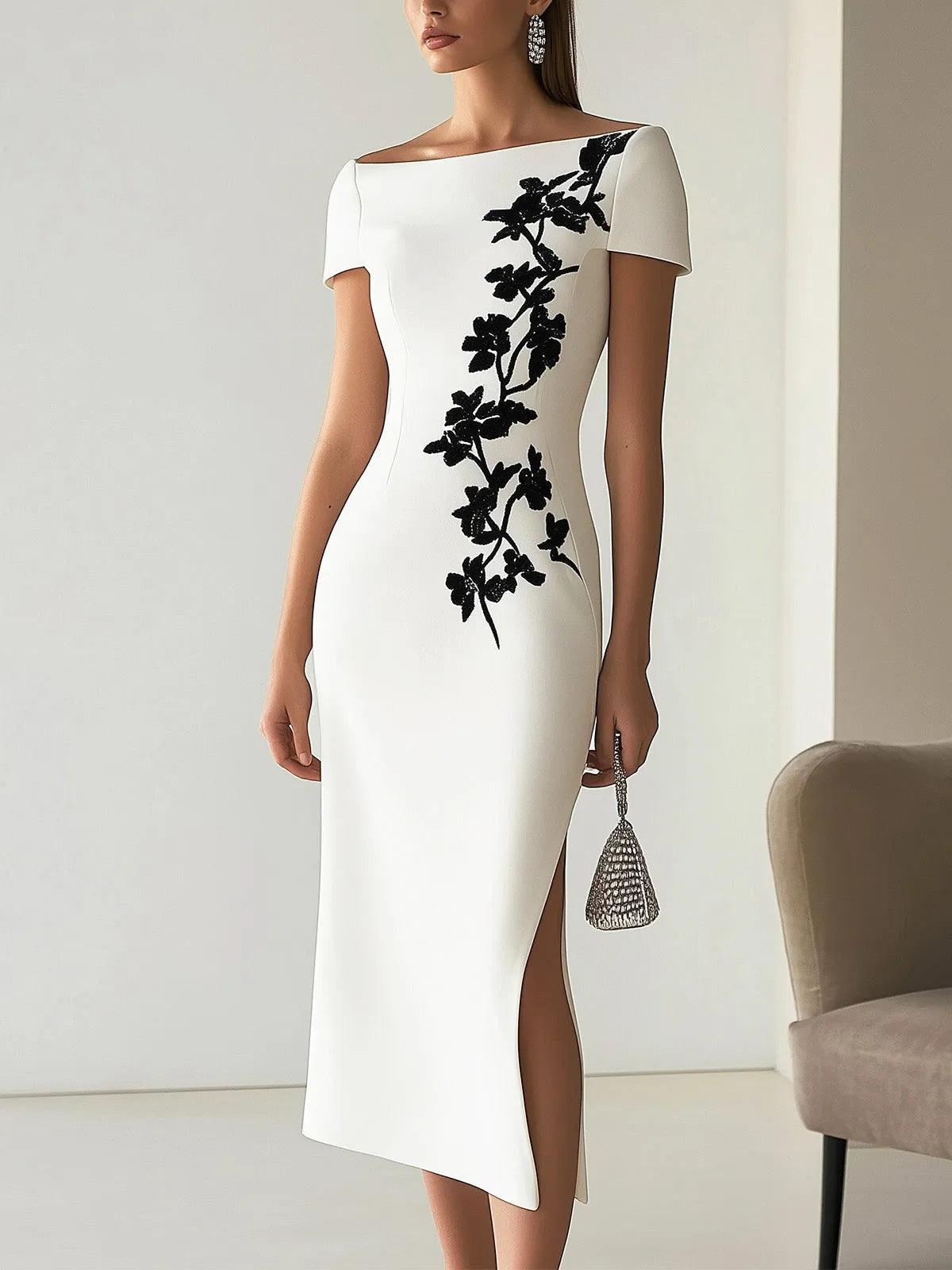 Bilionera Elegant Boat Neck Midi Dress - Black Floral Embroidery