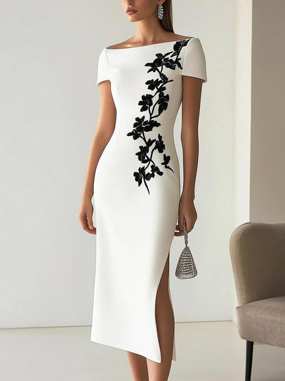 Bilionera Elegant Boat Neck Midi Dress - Black Floral Embroidery