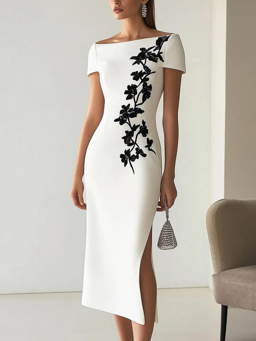 Bilionera Elegant Boat Neck Midi Dress - Black Floral Embroidery