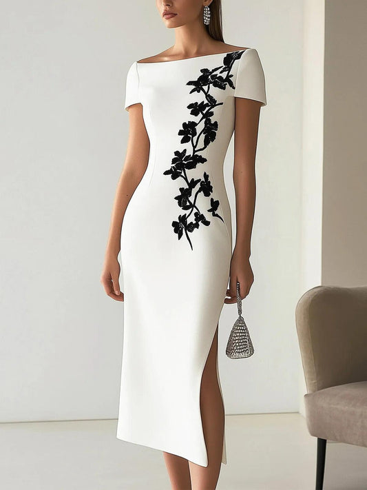 Chicyis Elegant Boat Neck Midi Dress - Chic Black Floral Embroidery