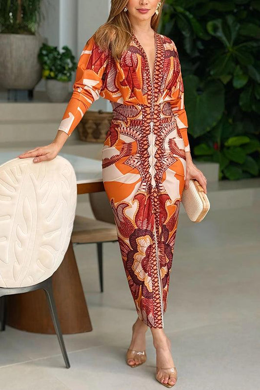 Chicyis Elegant Print Dolman Sleeve Midi Dress - Ruched Slit Detail