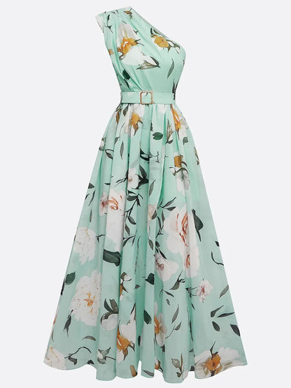Bilionera Light Green Maxi Dress - One-Shoulder Floral Print