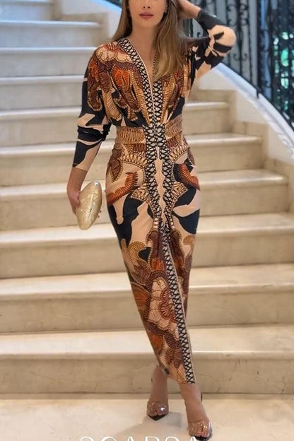 Bilionera Elegant Print Dolman Sleeve Midi Dress