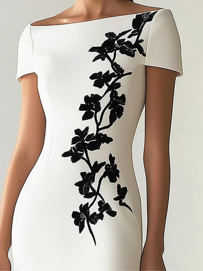 Bilionera Elegant Boat Neck Midi Dress - Black Floral Embroidery