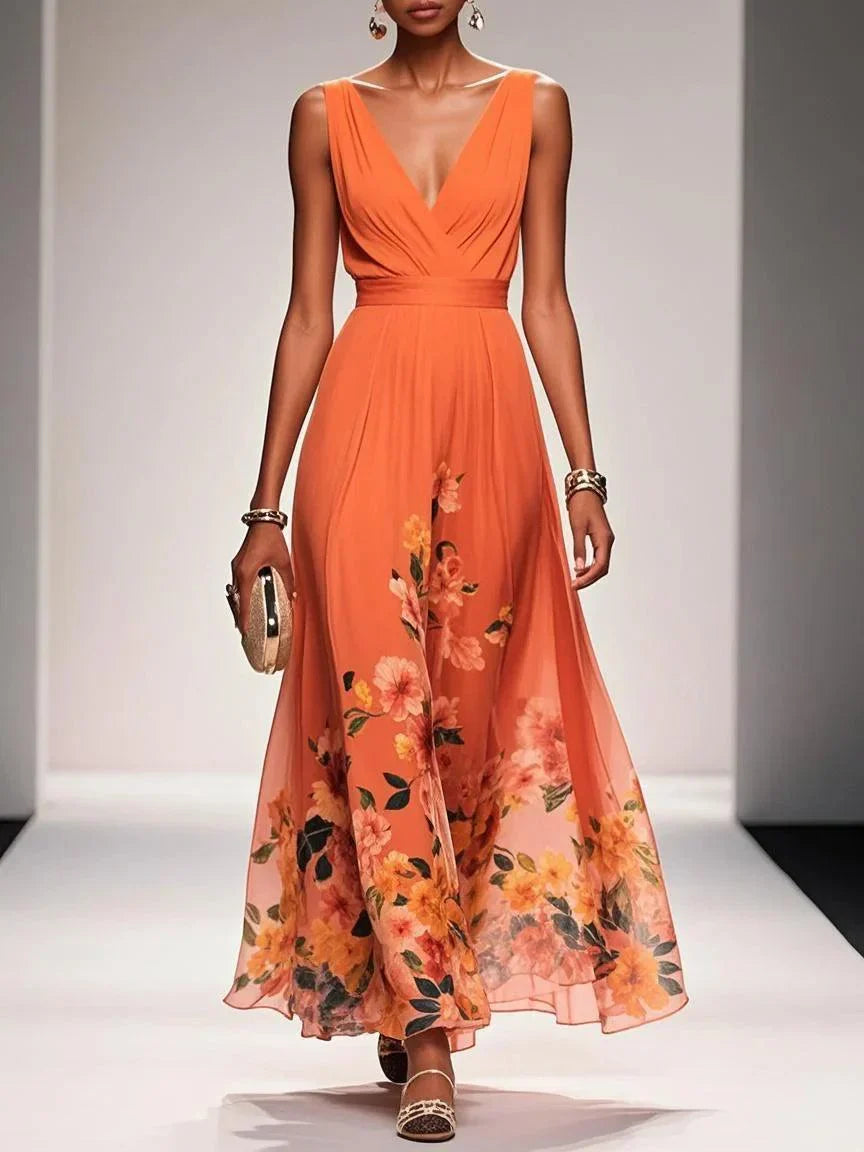 Bilionera Light Blue Maxi Dress - V-Neck & Floral Chiffon Fit