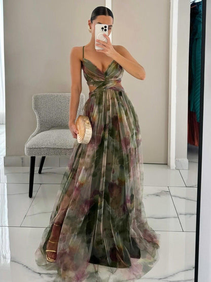 Bilionera Painted Floral Maxi Dress - Elegant V-Neck