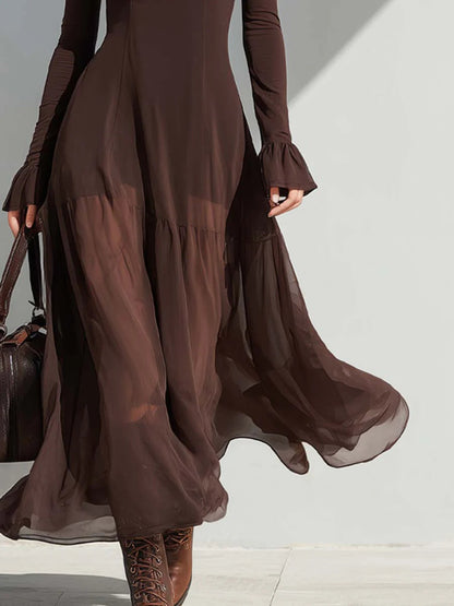Bilionera Vintage Square-Neck Sheer Sleeve Flare Midi Dress